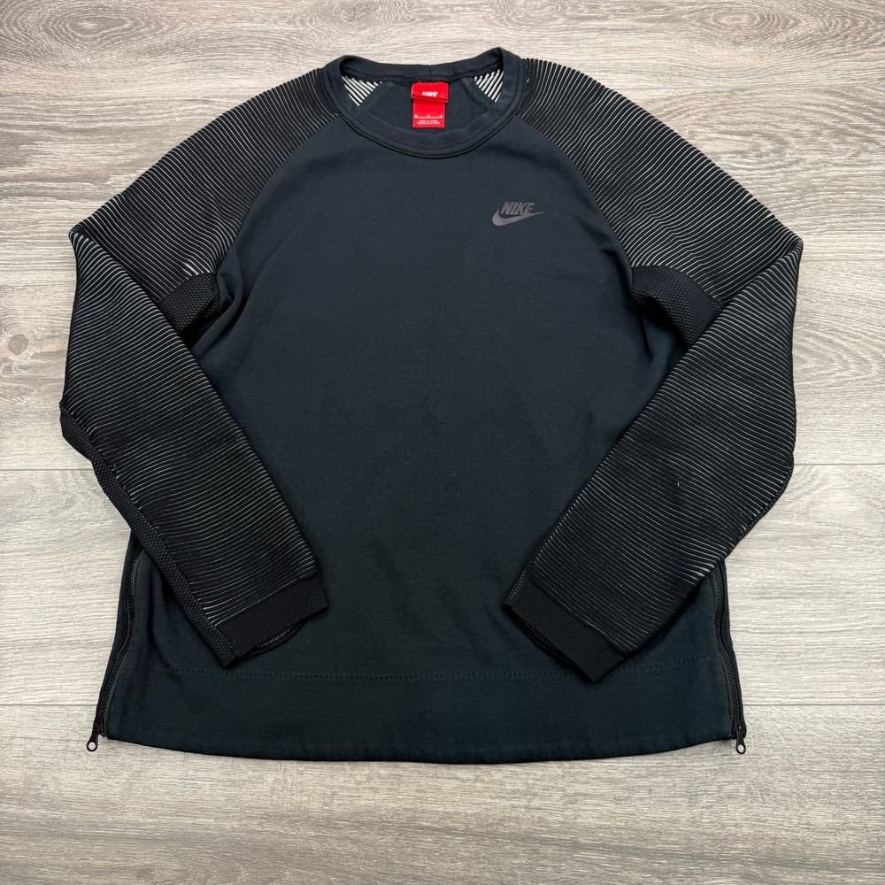 Nike Tech Fleece Crewneck Sweatshirt Women Medium Black Side Zip Swoosh Pullover